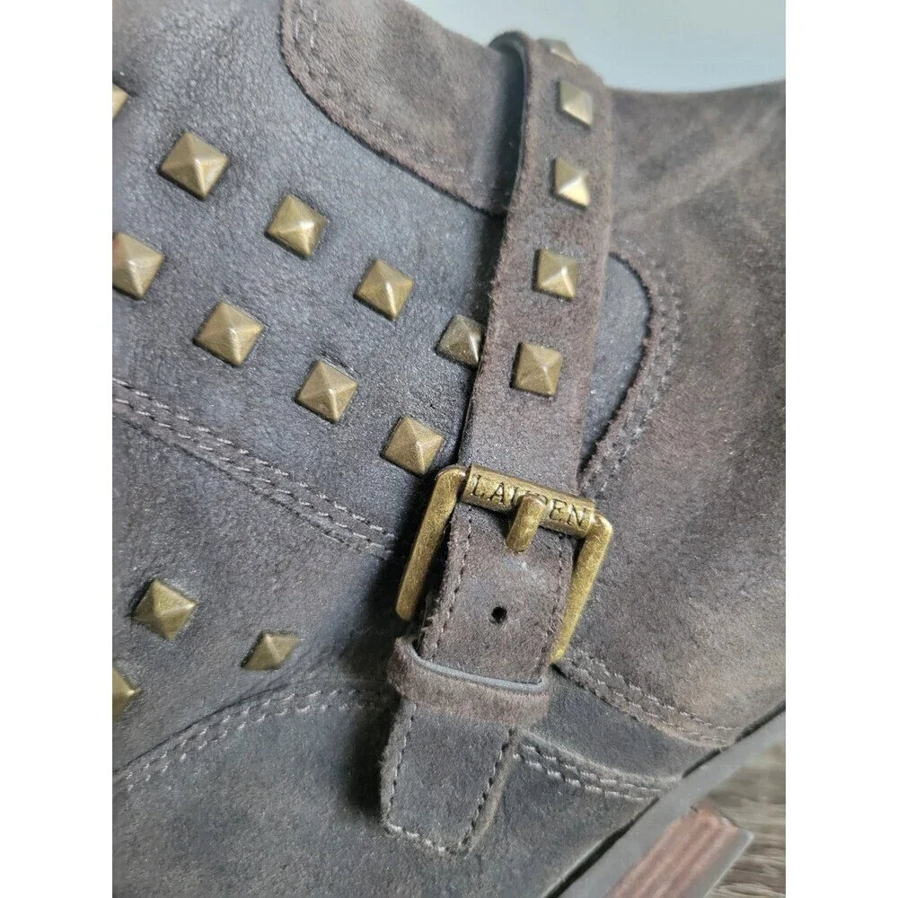 Lauren Ralph Lauren Women Sz 9.5 Brown Suede Biker Moto Studded Boot